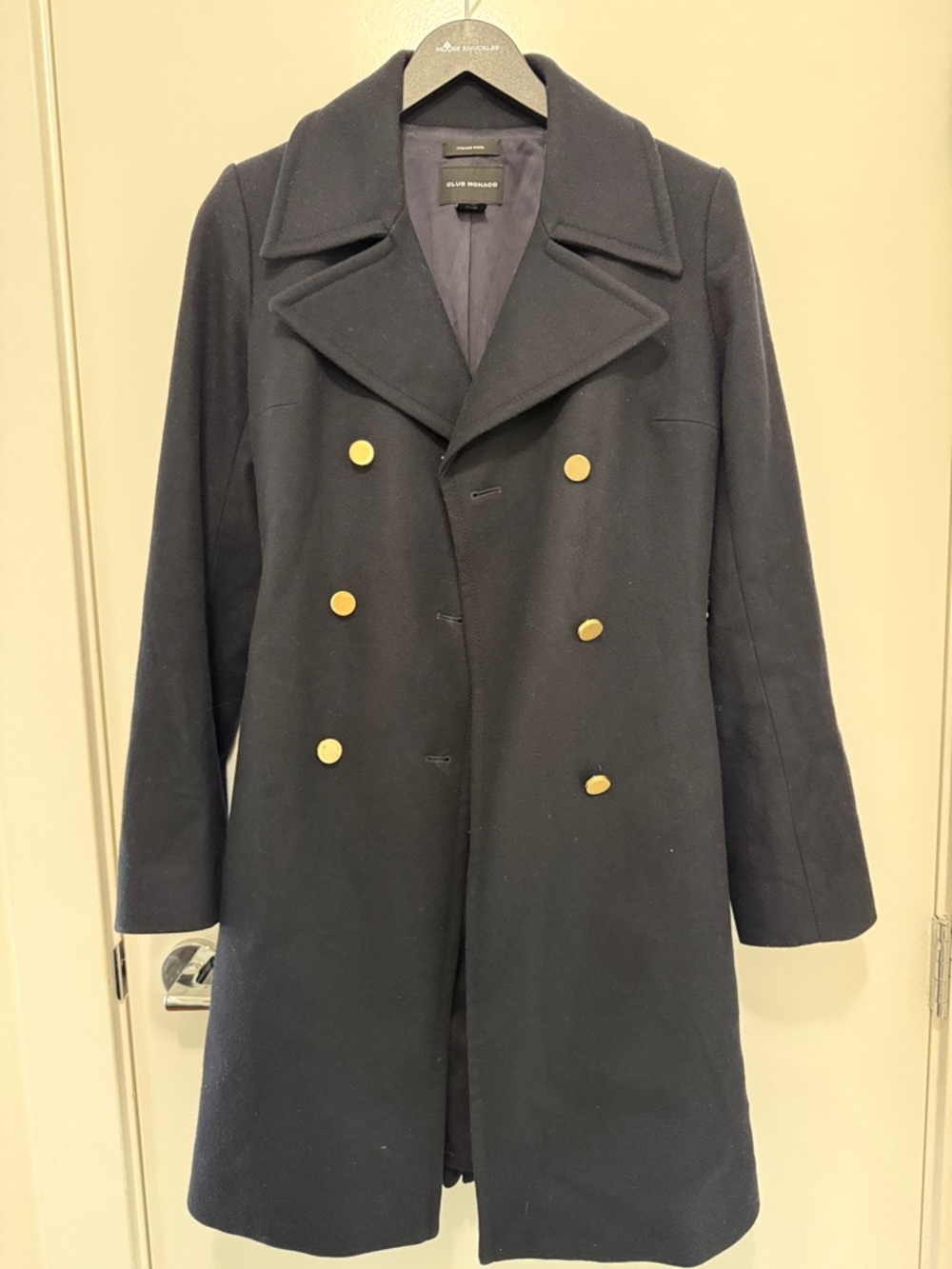 Club Monaco Navy Wool Double-Breasted Pea Coat with Gold Buttons